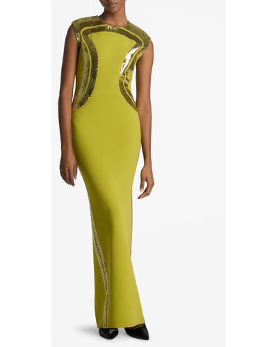 St. John Sequin Embroidered Sleeveless Gown - Yellow