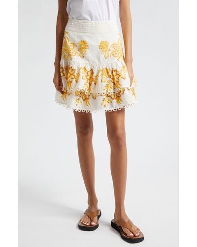 FARM Rio Aura Floral Embroidered Layered Ruffle Skirt - Yellow