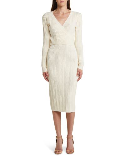 Charles Henry Cable Stitch Long Sleeve Sweater Dress - Natural
