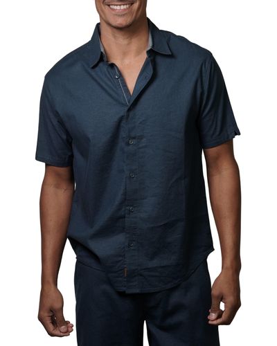 Fundamental Coast Bondi Short Sleeve Linen Blend Button-up Shirt - Blue