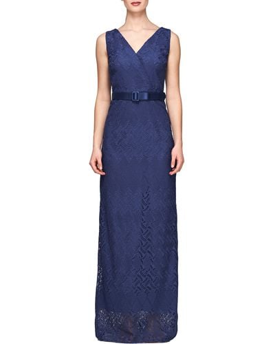Kay Unger Hendrix Sleeveless Lace Column Gown - Blue