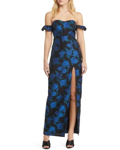 Lulus Exceptional Occasion Floral Jacquard Off The Shoulder Gown - Blue