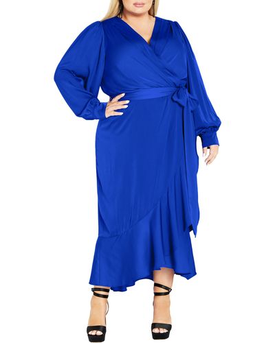City Chic Ophelia Long Sleeve Faux Wrap Maxi Dress - Blue