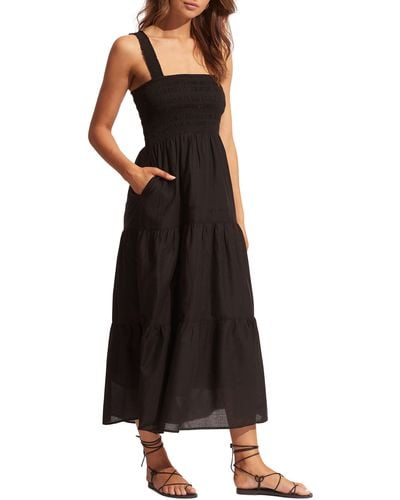 Seafolly Beach House Smocked Cotton Cover-up Dress - Black
