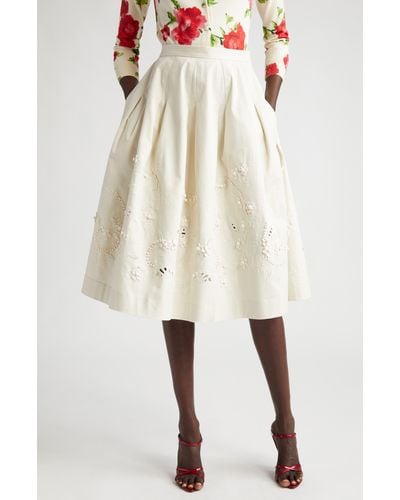 Carolina Herrera Embroidered Cotton Stretch Gabardine Midi Skirt - Natural