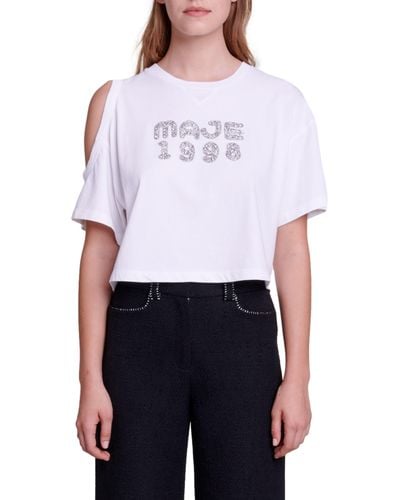 Maje Tte Single Cold Shoulder Cotton Graphic Crop T-shirt - White