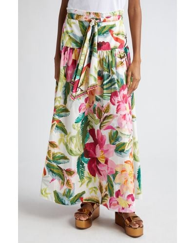 FARM Rio Painted Flowers Belted Cotton Maxi Skirt - White