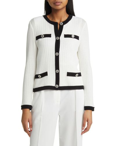 Misook Contrast Detail Cable Cardigan - White
