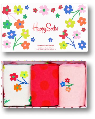 Happy Socks Flower Assorted 3-pack Crew Socks Gift Set - Pink