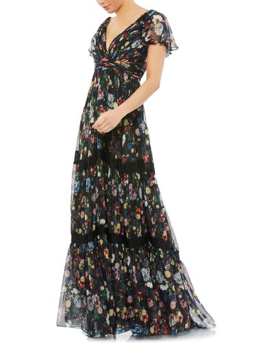 Mac Duggal Floral Print Tiered Empire Waist Chiffon Gown - Multicolor