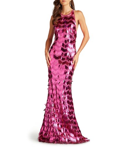 SHO by Tadashi Shoji Sequin Fringe Strappy Back Mermaid Gown - Red