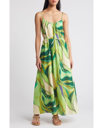 Sam Edelman Painted Palm Tie Waist Trapeze Dress - Green