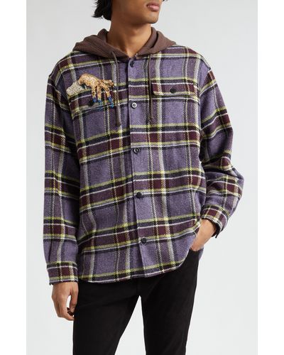 Undercover Beaded Hooded Plaid Button-up Shirt - Multicolor