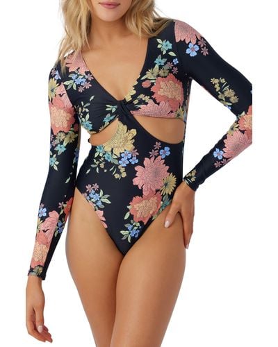 O'neill Sportswear Kali Key West Cutout Floral Long Sleeve One-piece Swimsuit - Blue