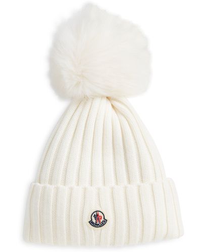 Moncler Virgin Wool Rib Beanie With Faux Fur Pompom - White