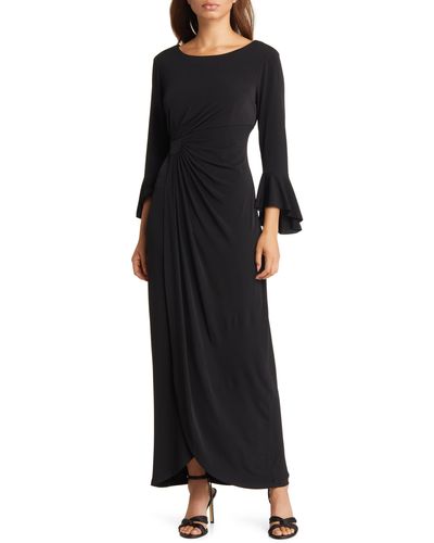 Connected Apparel Bell Sleeve Gathered Waist Gown - Black
