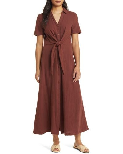 Caslon Caslon(r) Vacation Tie Front Gauze Shirtdress - Red