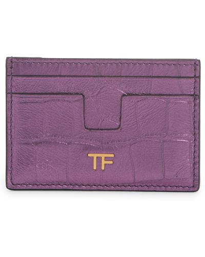 Tom Ford T-line Metallic Croc Embossed Leather Card Holder - Purple