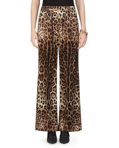 Dolce & Gabbana Leopard Print Wide Leg Stretch Silk Satin Pajama Pants - Brown