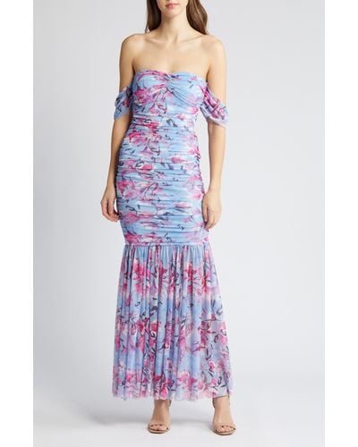 Bebe Floral Ruched Off The Shoulder Mesh Gown - Purple