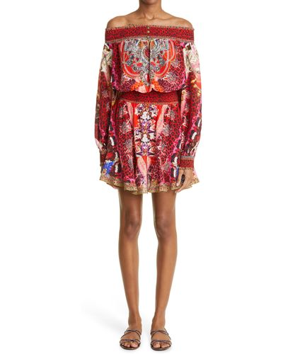 Camilla Print Off The Shoulder Long Sleeve Silk Romper At Nordstrom - Red