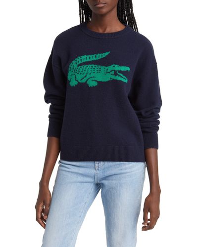 Lacoste Big Croc Cashmere & Wool Crewneck Sweater - Blue