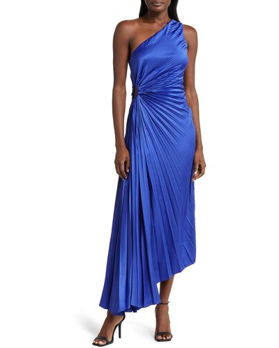 Socialite Print Asymmetric Hem Pleated Maxi Dress - Blue