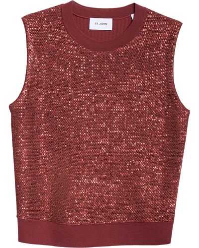 St. John Mixed Media Sequin Knit Sleeveless Wool Blend Sweater - Red