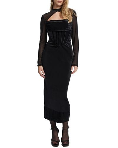 Bardot Castila Cutout Long Sleeve Corset Bodice Velvet Dress - Black