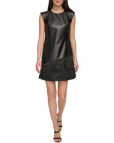 DKNY Beaded Fringe Faux Leather Shift Dress - Black