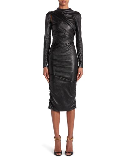 Tom Ford Ruched Long Sleeve Faux Leather Dress - Black