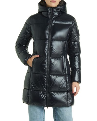 Save The Duck Ines Water Repellent Hooded Quilted Longline Coat - Black