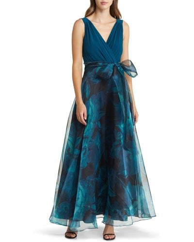 Eliza J Mixed Media Sleeveless A-line Gown - Blue