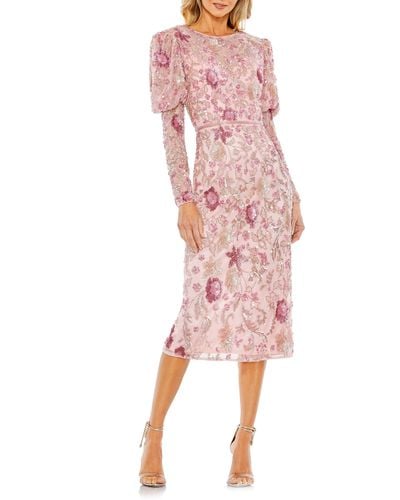 Mac Duggal Beaded Floral Long Sleeve Sheath Cocktail Dress - Pink