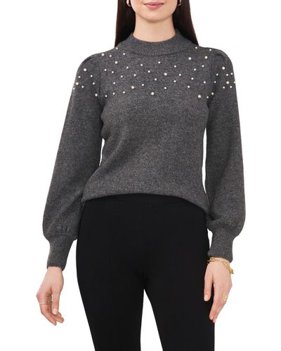 Chaus Imitation Pearl Puff Shoulder Sweater - Black
