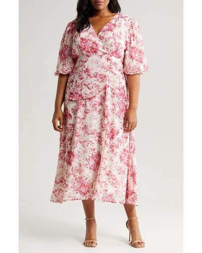 Chelsea28 Forget Me Not Floral Print Puff Sleeve Midi Dress - Red