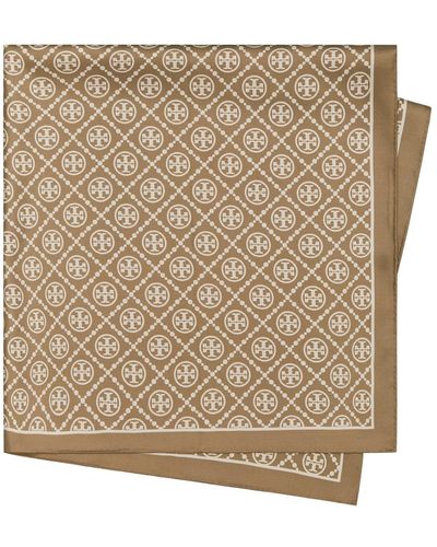 Tory Burch Monogram Double Side Square Silk Scarf - Natural