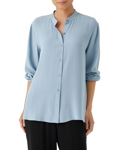 Eileen Fisher Mandarin Collar Silk Blouse - Blue