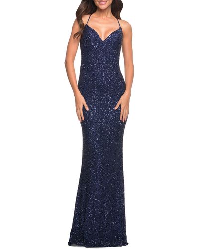 La Femme Stretch Sequin Sleeveless Gown - Blue
