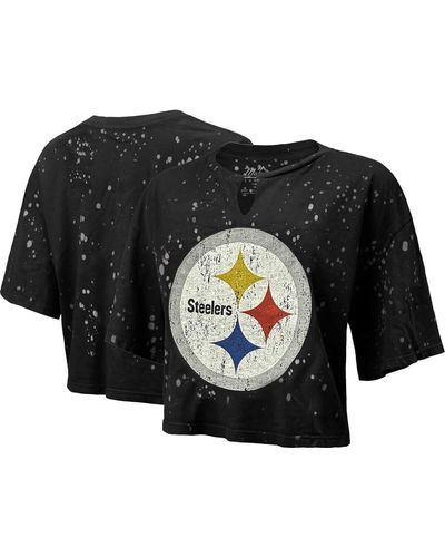 Majestic Threads Pittsburgh Steelers Bleach Splatter Notch Neck Crop T-shirt At Nordstrom - Black