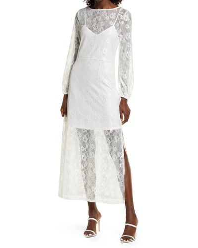 Open Edit Sheer Lace Long Sleeve Maxi Dress - White