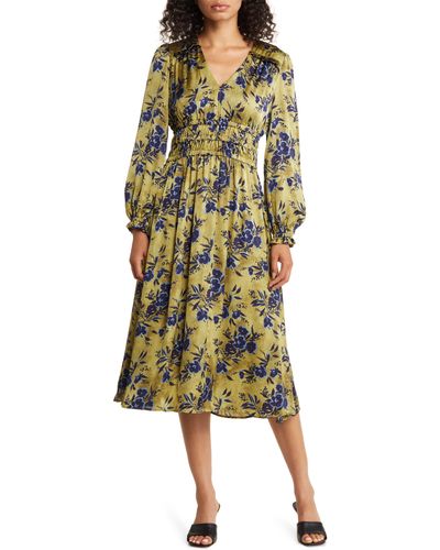 Julia Jordan Floral Print Long Sleeve Shirred Midi Dress - Yellow