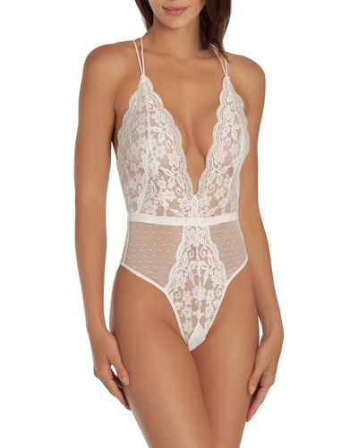 In Bloom Plunge Neck Lace Thong Teddy - White