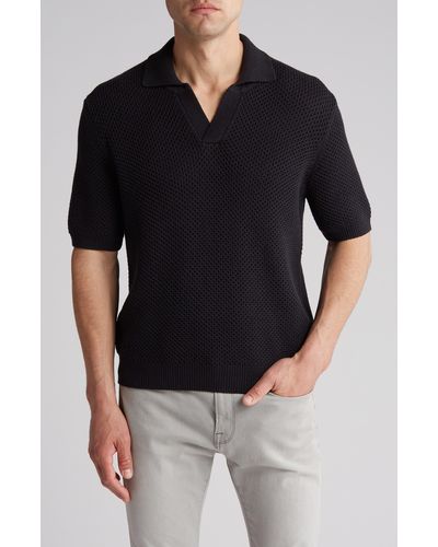 FRAME Open Knit Cotton & Silk Polo Sweater - Black