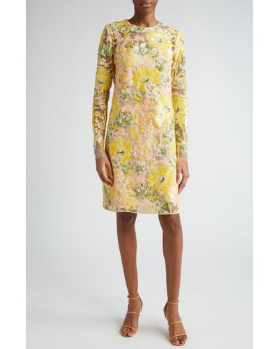 Lela Rose Sequin Embroidered Long Sleeve Shift Dress - Yellow