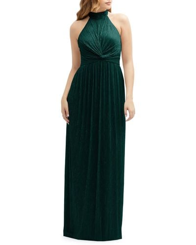 After Six Metallic Pleated Halter Column Gown - Green