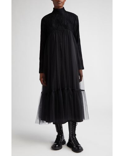 Noir Kei Ninomiya Wave Long Sleeve Tweed & Tulle Midi Dress - Black