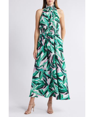 MELLODAY Leaf Print Halter Satin Maxi Dress - Green