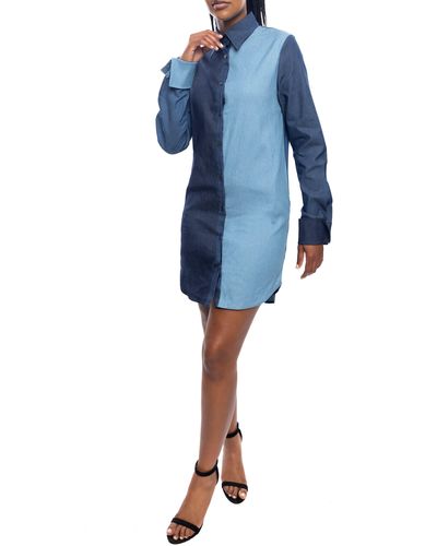 DAI MODA Colorblock Long Sleeve Stretch Denim Shirtdress - Blue