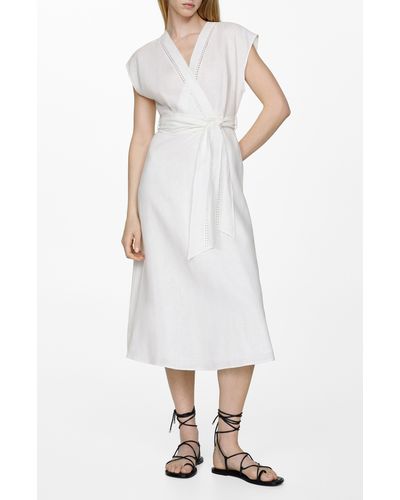 Mango Nanda Tie Waist Linen Dress - White